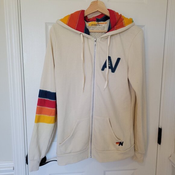 Aviator Nation Tops - Aviator Nation Cream Rainbow Signature Zip-up Hoodie Sweatshirt sz medium